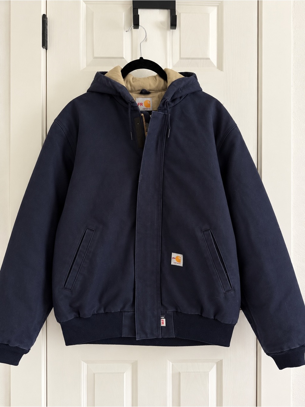 Carhartt FR Navy Hooded Field Jacket with Tan Lining